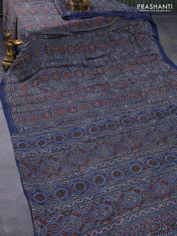 Modal silk saree blue with allover ajrakh prints in borderless style
