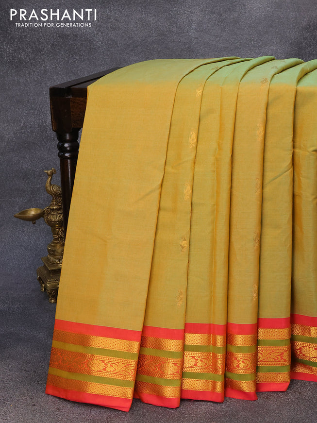 Gadwal silk cotton saree dual shade of greenish mustard and pink with allover zari woven buttas and zari woven border