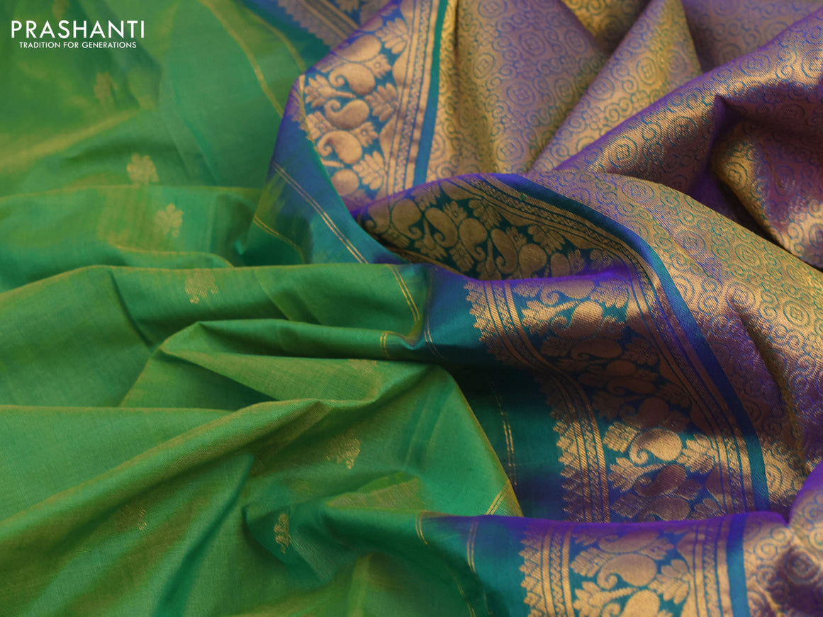 Gadwal silk cotton saree dual shade of green and dual shade of blue with allover zari woven buttas and paisley zari woven border