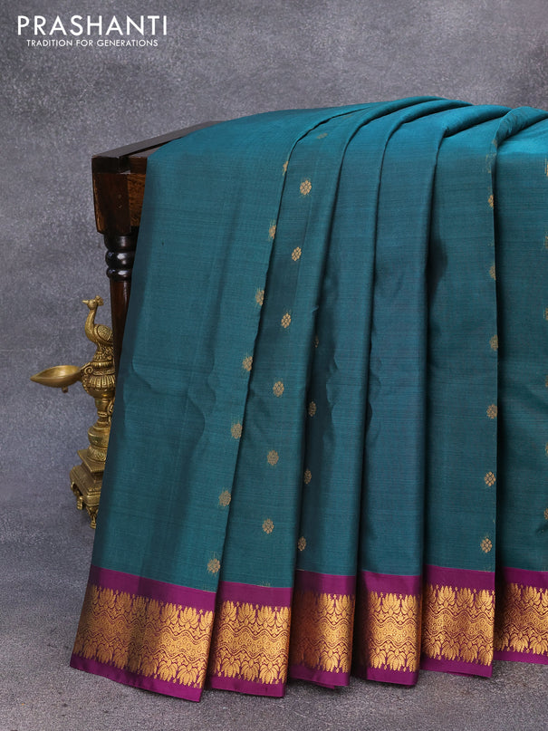 Gadwal silk cotton saree peacock green and purple with allover zari woven buttas and zari woven border