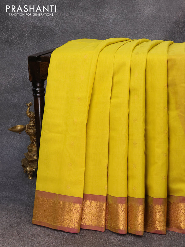 Gadwal silk cotton saree lime yellow and dual shade of purple with allover zari woven buttas and zari woven border