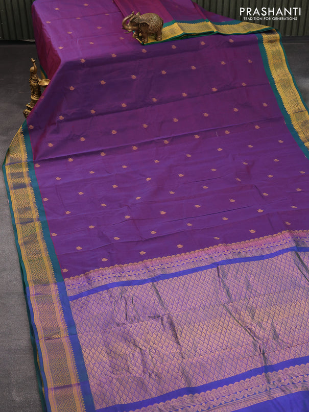 Gadwal silk cotton saree dual shade of purple and dual shade of bluish green with zari woven leaf buttas and zari woven border