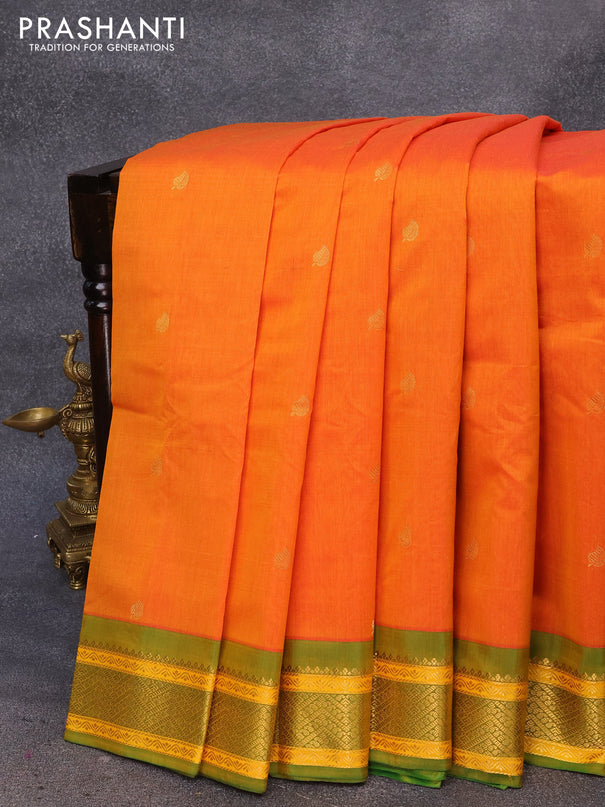 Gadwal silk cotton saree sunset orange and dual shade of green with zari woven leaf buttas and zari woven border