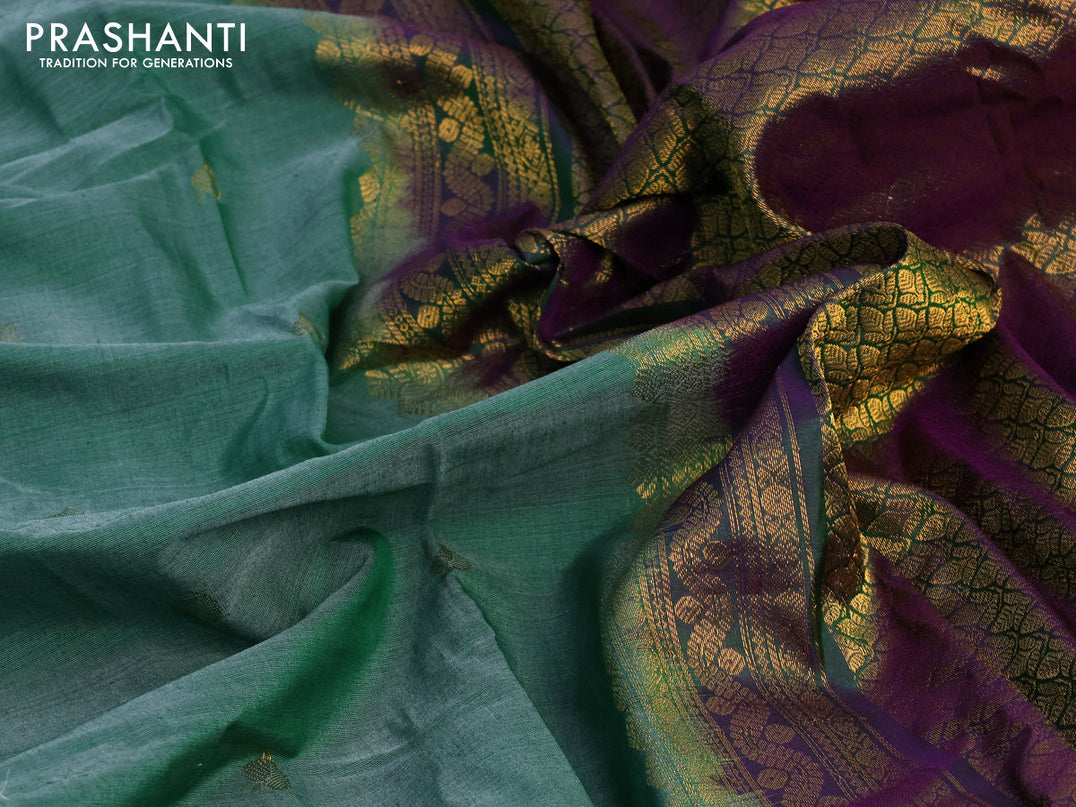 Gadwal silk cotton saree green shade and dual shade of purple with zari woven leaf buttas and zari woven border