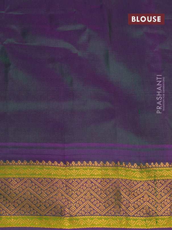 Gadwal silk cotton saree green shade and dual shade of purple with zari woven leaf buttas and zari woven border