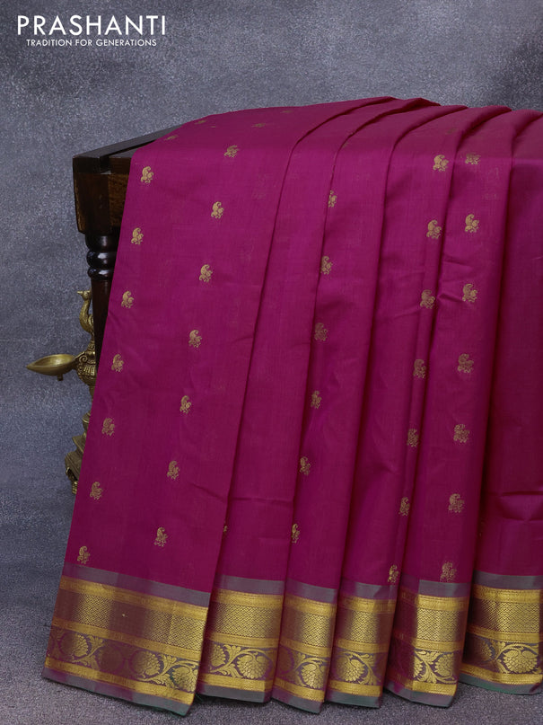 Gadwal silk cotton saree dark pink and dual shade of green with allover paisley zari woven buttas and zari woven border