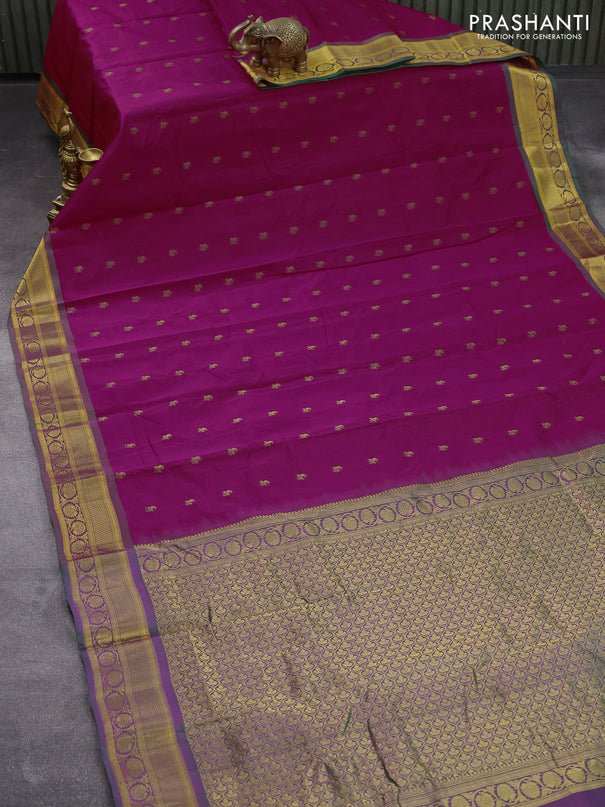 Gadwal silk cotton saree dark pink and dual shade of green with allover paisley zari woven buttas and zari woven border