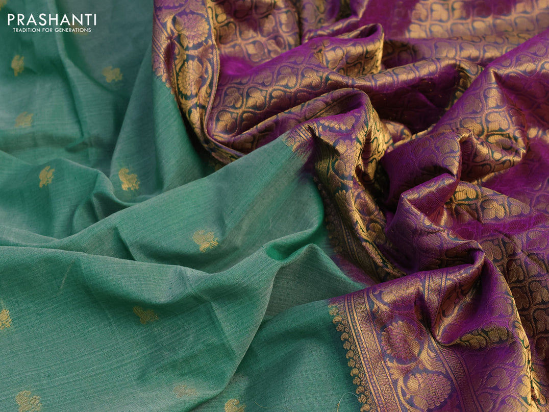 Gadwal silk cotton saree green shade and dual shade of purple with allover paisley zari woven buttas and zari woven border