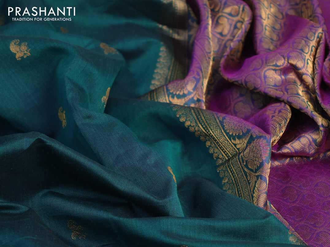 Gadwal silk cotton saree peacock green and dual shade of purple with allover paisley zari woven buttas and zari woven border