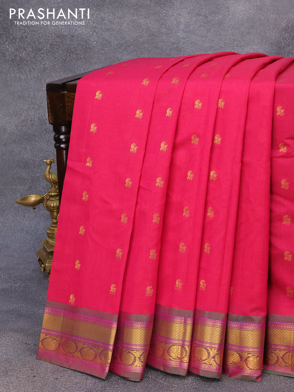 Gadwal silk cotton saree dark pink and dual shade of pinkish green with allover paisley zari woven buttas and zari woven border