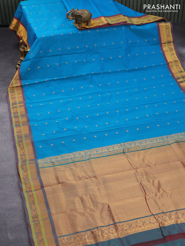 Gadwal silk cotton saree cs blue and dual shade of maroon with allover zari woven buttas and zari woven border