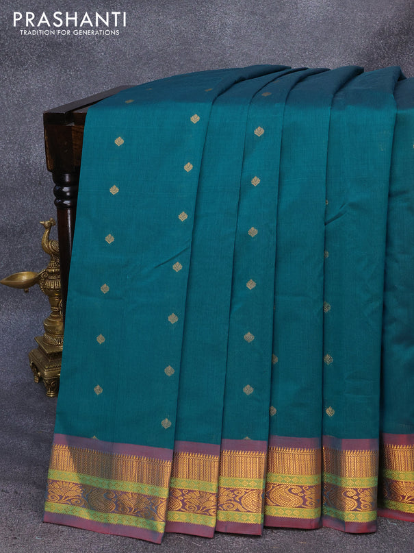 Gadwal silk cotton saree peacock blue and dual shade of maroon with allover zari woven buttas and zari woven border