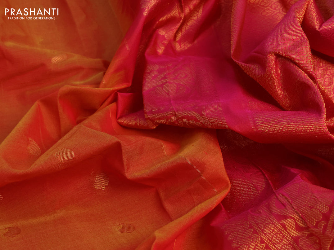 Gadwal silk cotton saree dual shade of sunset orange and pink with allover paisley zari woven buttas and zari woven border