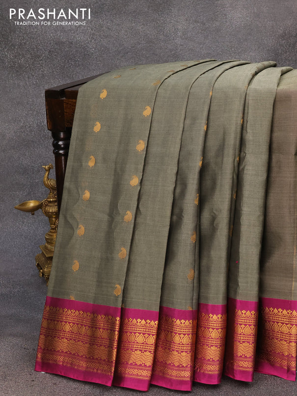 Gadwal silk cotton saree grey and dark magenta with allover paisley zari woven buttas and zari woven border