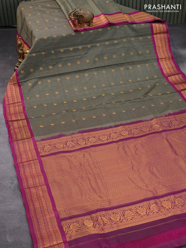 Gadwal silk cotton saree grey and dark magenta with allover paisley zari woven buttas and zari woven border