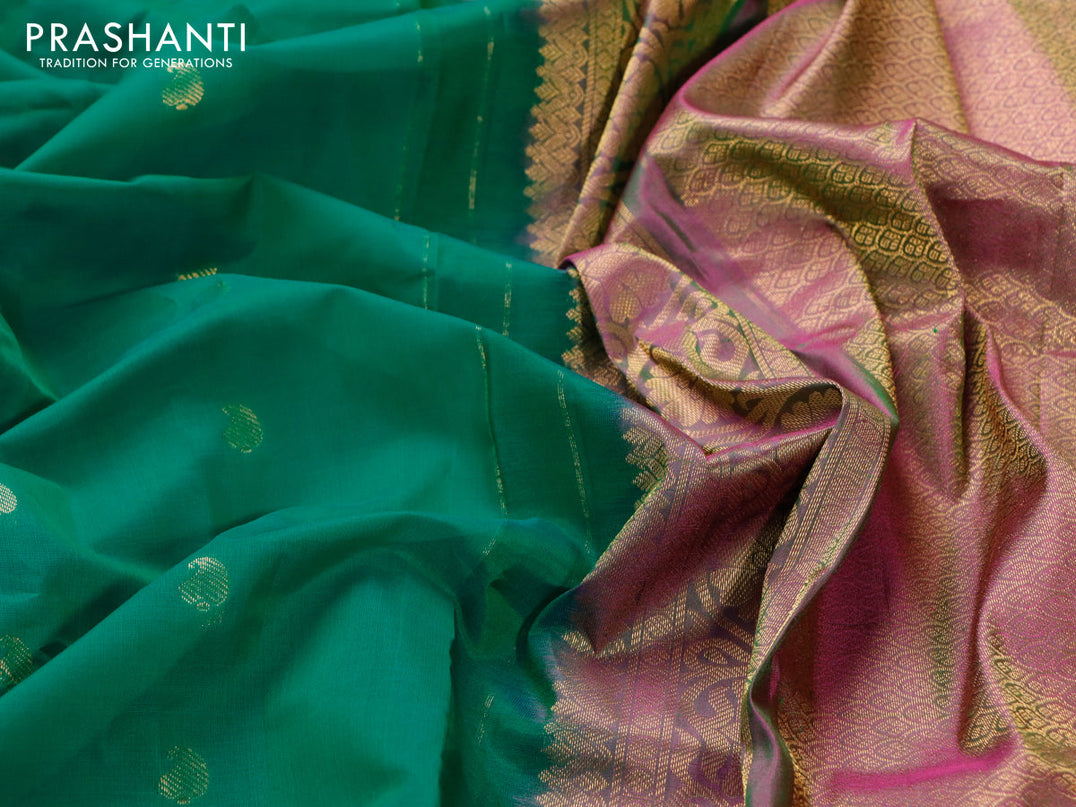 Gadwal silk cotton saree green and dual shade of purple with allover paisley zari woven buttas and zari woven border