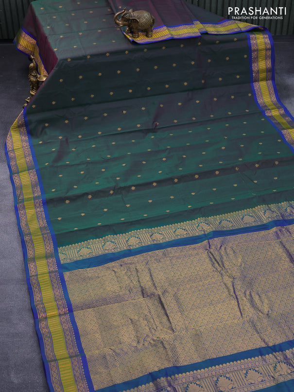 Gadwal silk cotton saree dual shade of greenish purple and blue with allover zari woven buttas and zari woven border