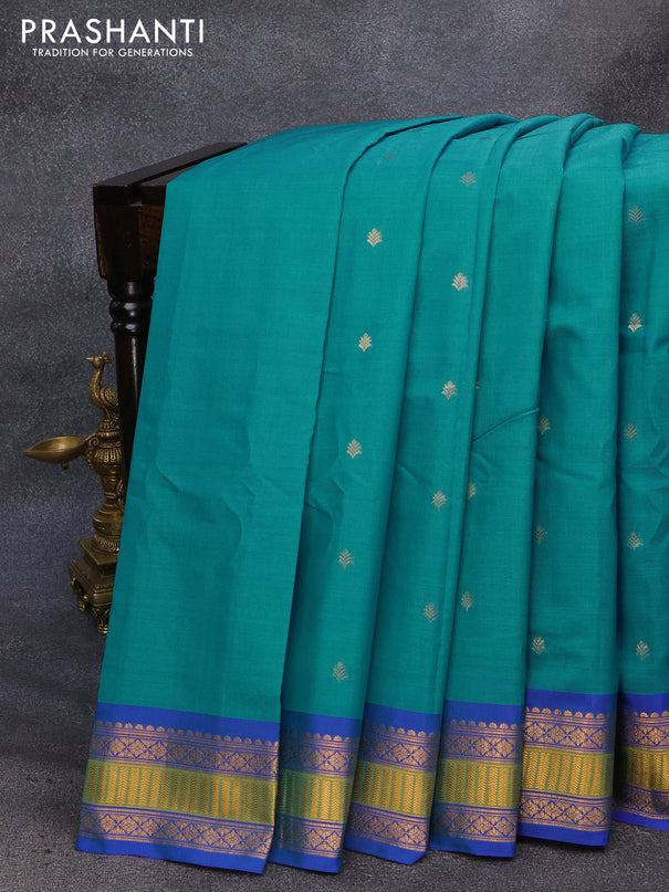 Gadwal silk cotton saree teal blue and blue with allover zari woven buttas and zari woven border