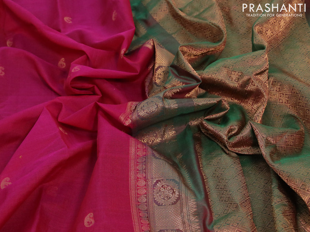 Gadwal silk cotton saree magenta pink and dual shade of green with allover paisley zari woven buttas and zari woven border
