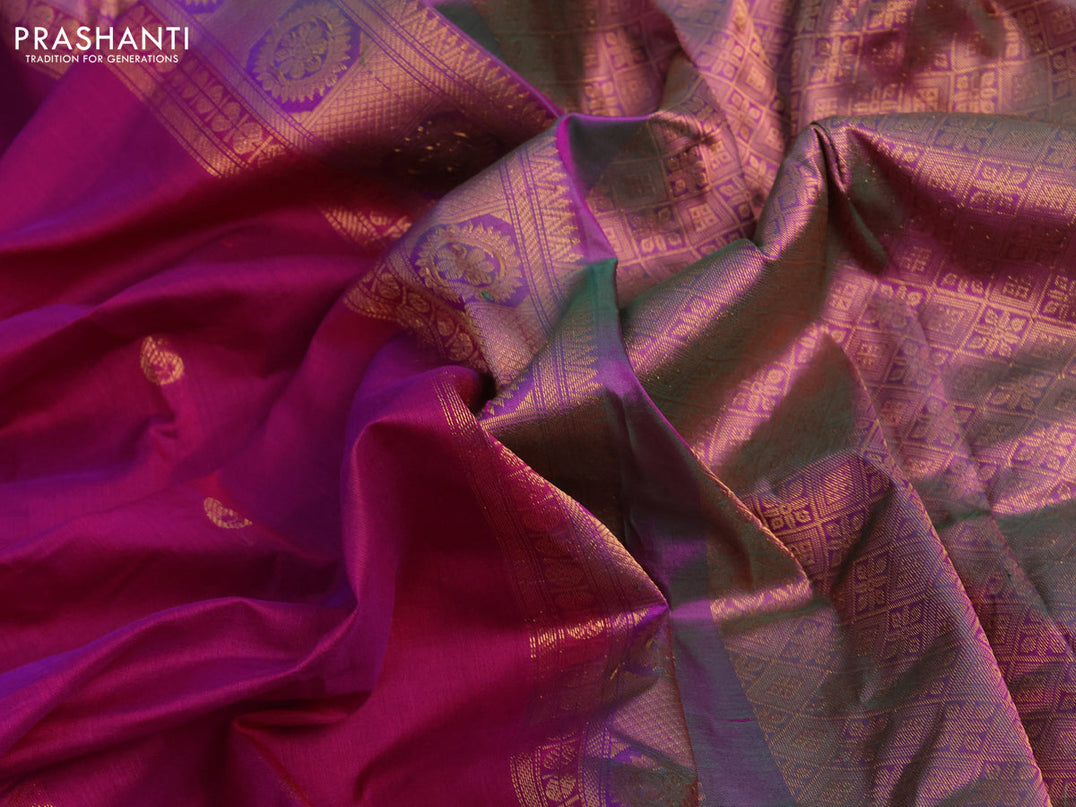 Gadwal silk cotton saree magenta pink and dual shade of green with allover paisley zari woven buttas and zari woven border