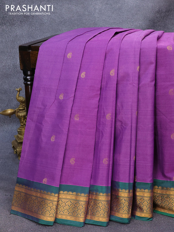 Gadwal silk cotton saree violet shade and dual shade of green with allover paisley zari woven buttas and zari woven border