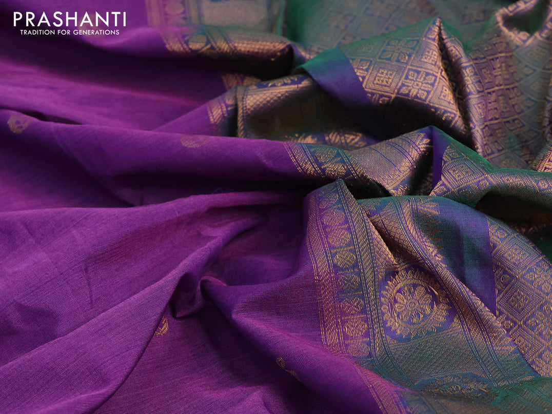 Gadwal silk cotton saree violet shade and dual shade of green with allover paisley zari woven buttas and zari woven border