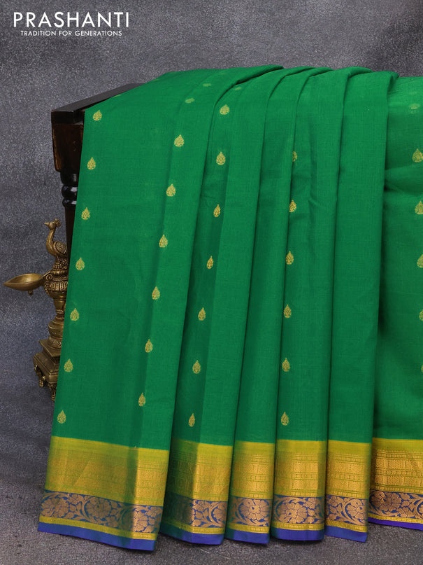 Gadwal silk cotton saree green and mustard green shade with allover zari woven buttas and floral zari woven border