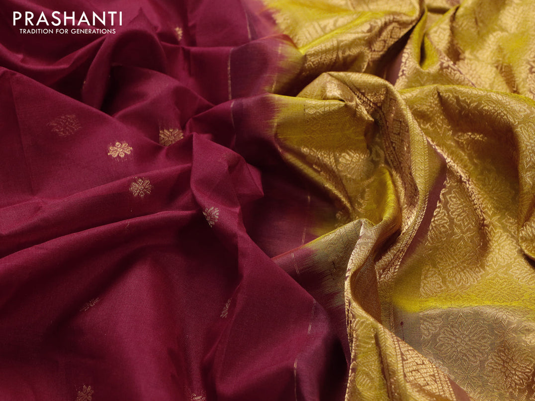 Gadwal silk cotton saree maroon and mustard yellow with allover zari woven buttas and zari woven border