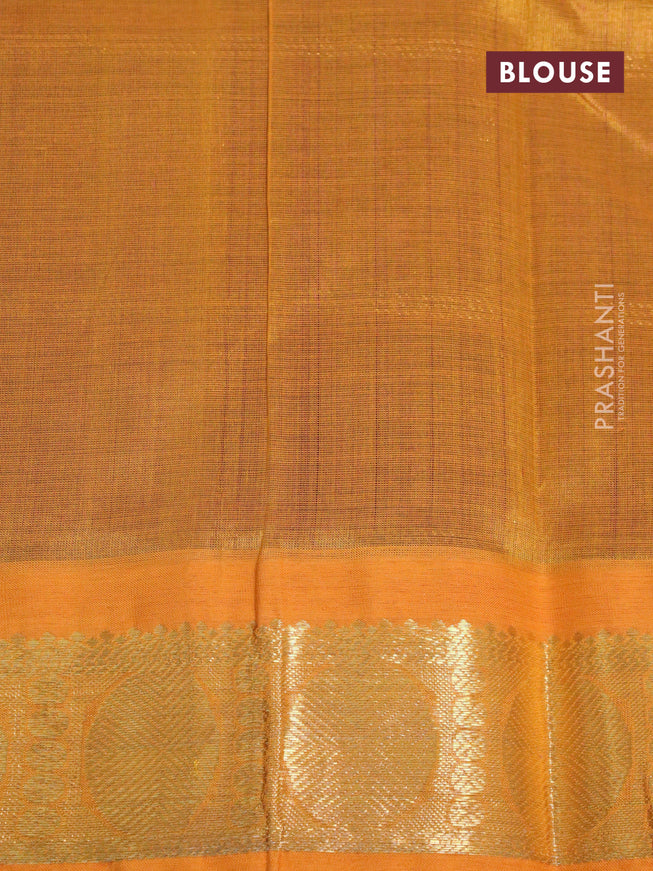 Silk cotton saree purple and mustard shade with allover zari checks & buttas and rudhraksha zari woven korvai border