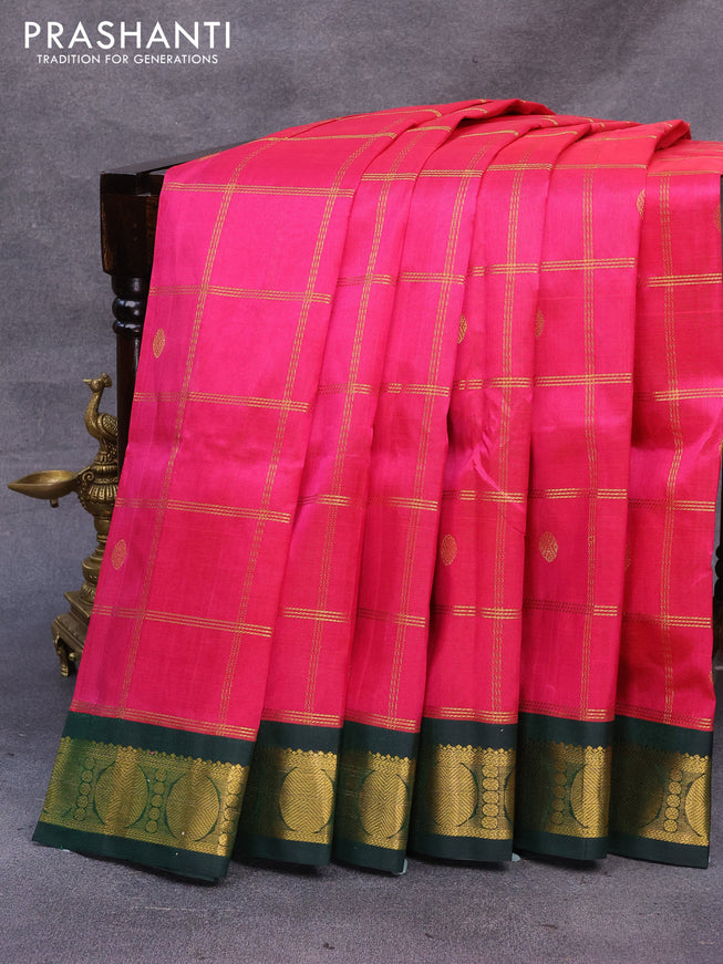 Silk cotton saree pink and green with allover zari checks & buttas and rudhraksha zari woven korvai border