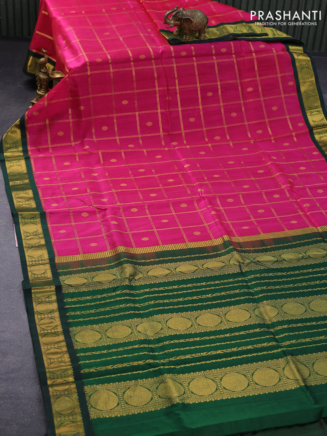 Silk cotton saree pink and green with allover zari checks & buttas and rudhraksha zari woven korvai border