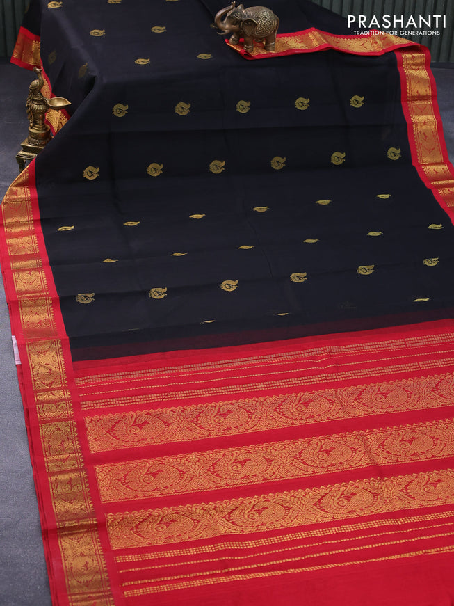 Silk cotton saree black and red with annam zari woven buttas and annam zari woven korvai border