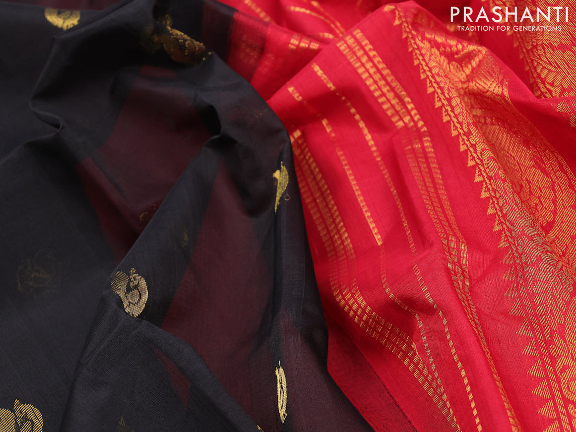 Silk cotton saree black and red with annam zari woven buttas and annam zari woven korvai border