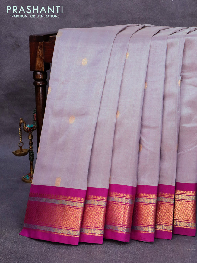 Silk cotton saree grey and purple with rudhraksha zari woven buttas and zari woven korvai border