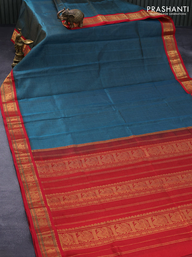 Silk cotton saree peacock blue and red with allover vairosi pattern and annam zari woven korvai border