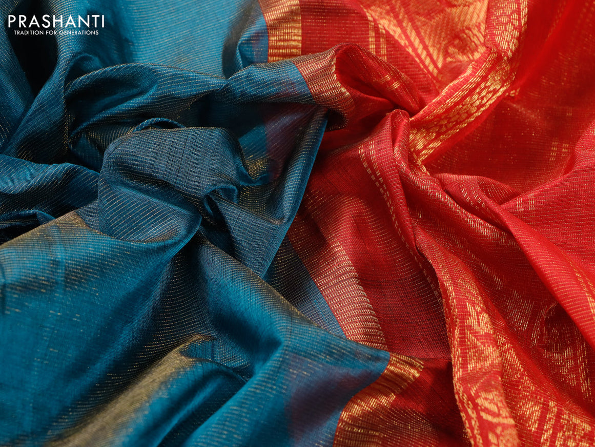 Silk cotton saree peacock blue and red with allover vairosi pattern and annam zari woven korvai border