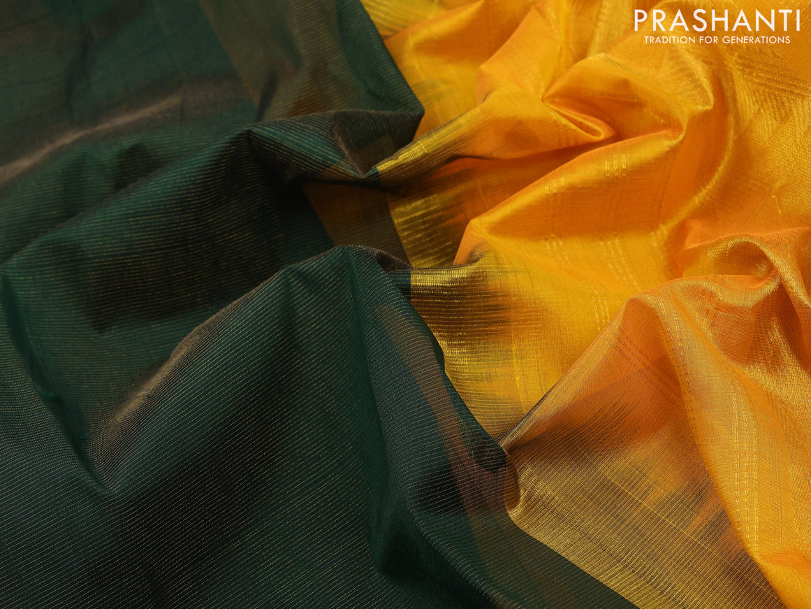 Silk cotton saree dark green and mustard yellow with allover vairosi pattern and temple design zari woven korvai border