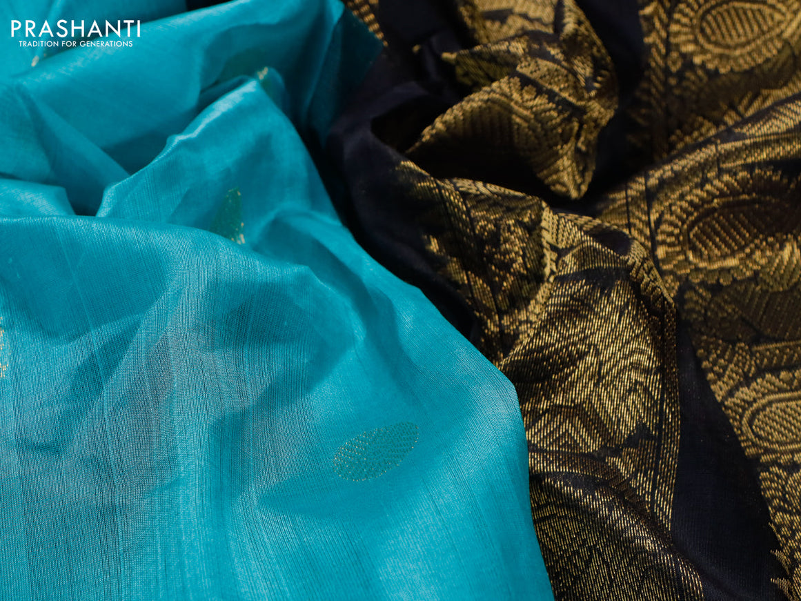 Silk cotton saree light blue and black with annam & rudhraksha zari woven buttas and annam zari woven korvai border