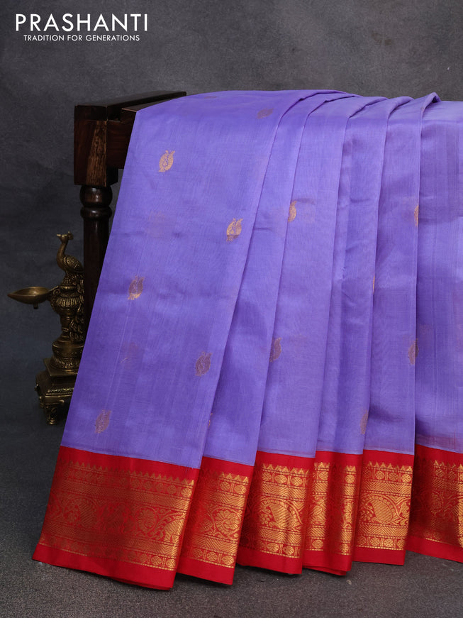 Silk cotton saree lavender shade and red with peacock zari woven buttas and zari woven korvai border