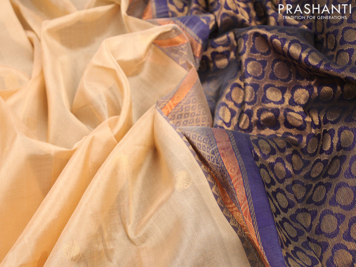 Silk cotton saree sandal and dark blue with rudhraksha zari woven buttas and zari woven korvai border