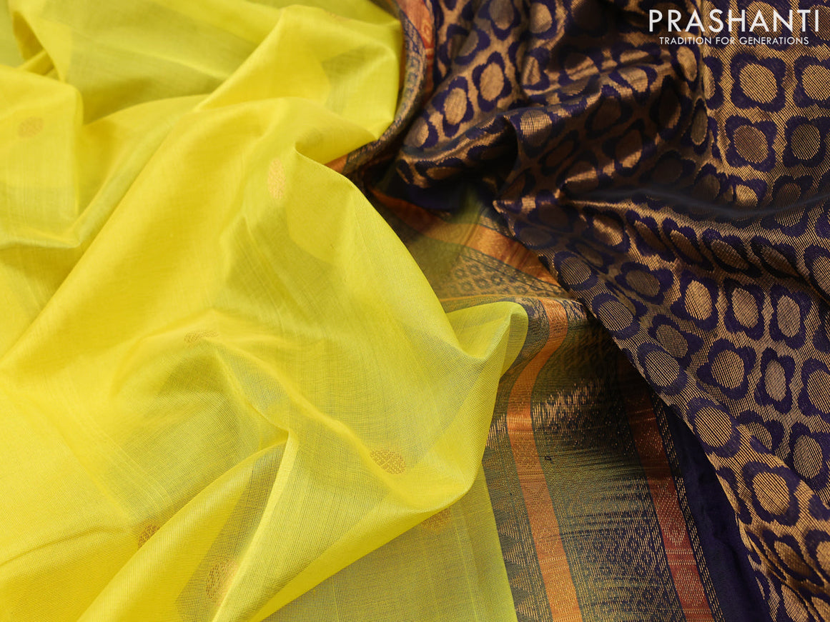 Silk cotton saree lime yellow and dark blue with rudhraksha zari woven buttas and zari woven korvai border