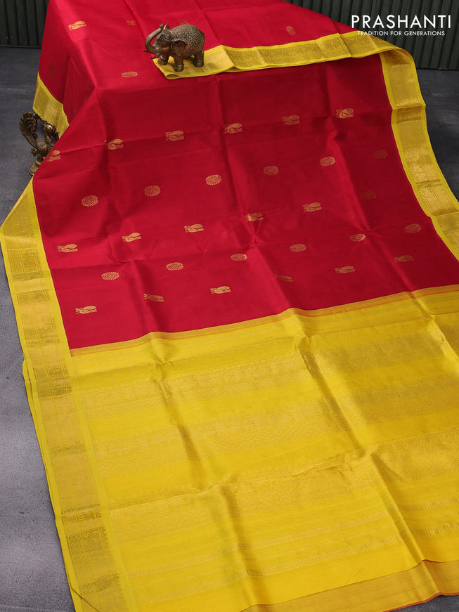 Silk cotton saree red and lime yellow with annam & rudhraksha zari woven buttas and annam zari woven korvai border