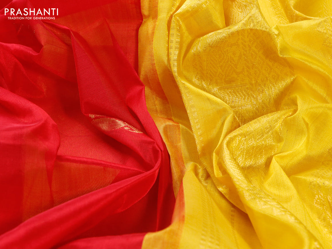 Silk cotton saree red and lime yellow with annam & rudhraksha zari woven buttas and annam zari woven korvai border
