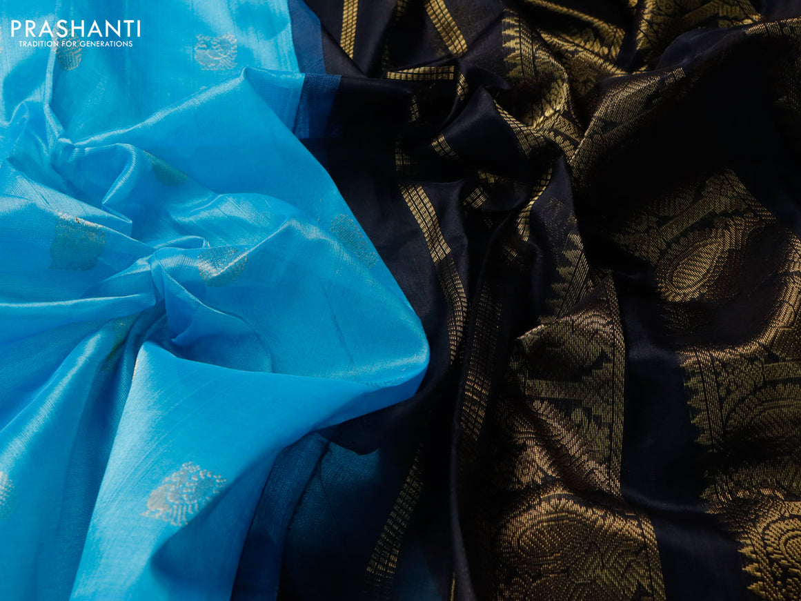 Silk cotton saree light blue and black with annam & rudhraksha zari woven buttas and annam zari woven korvai border
