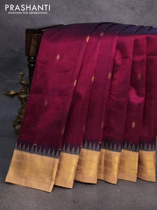 Silk cotton saree maroon and sandal with zari woven buttas and temple design zari woven border