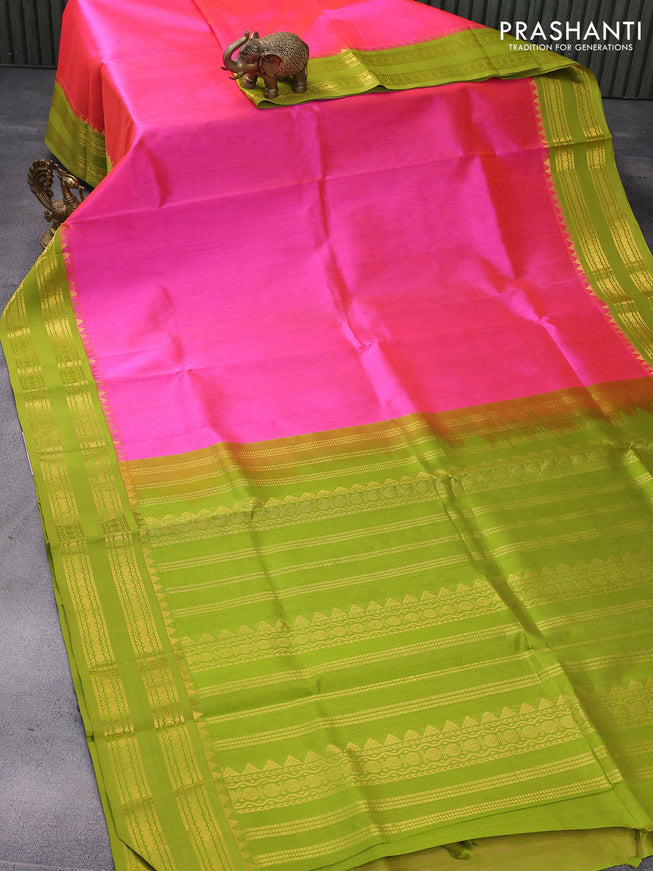Silk cotton saree dual shade of candy pink and light green with plain body and rettapet zari woven korvai border