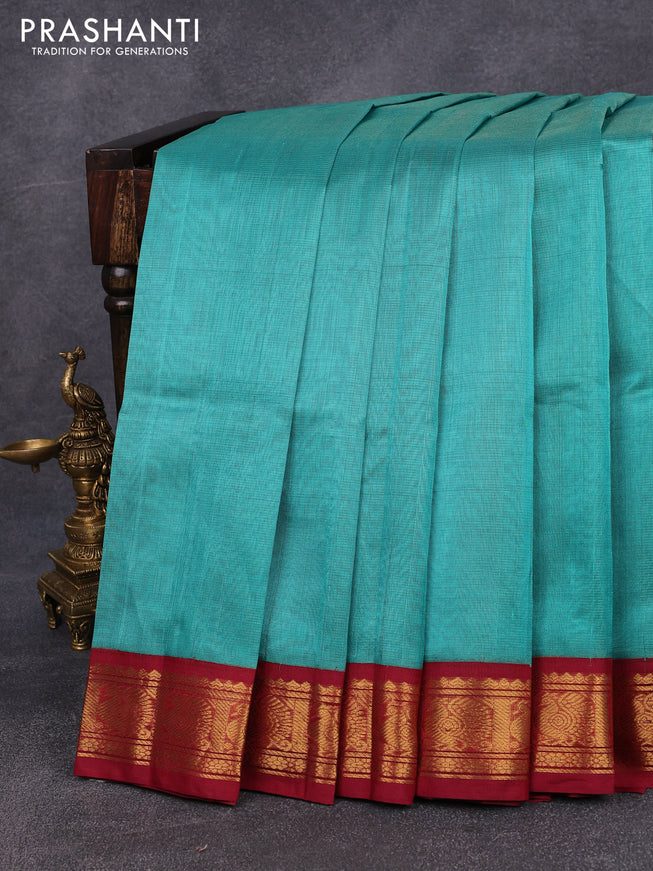 Silk cotton saree teal blue and maroon with allover vairaosi pattern and annam zari woven korvai border