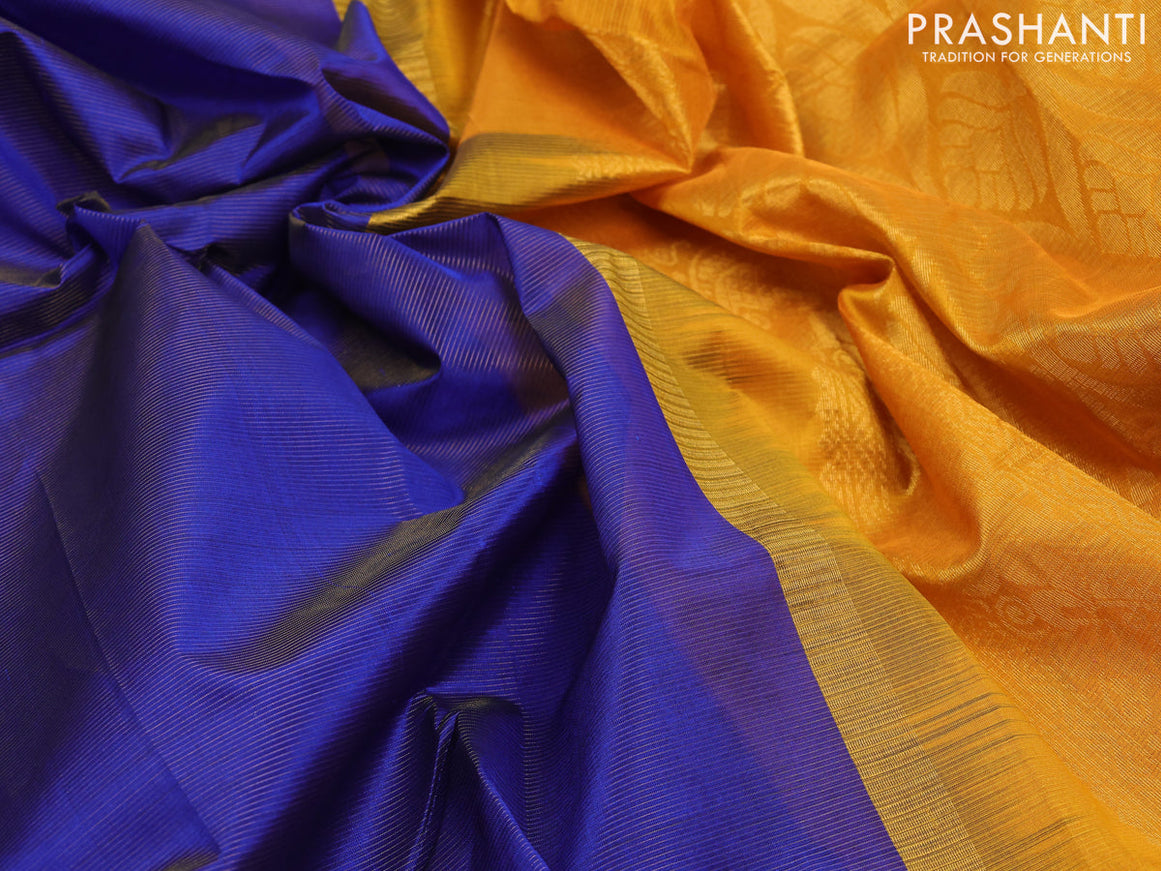 Silk cotton saree blue and mustard yellow with allover vairaosi pattern and annam zari woven korvai border