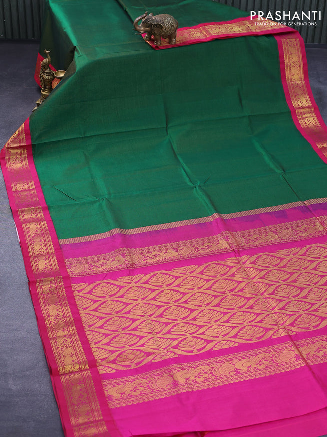 Silk cotton saree green and pink with allover vairaosi pattern and annam zari woven korvai border