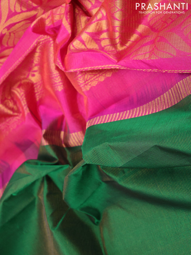 Silk cotton saree green and pink with allover vairaosi pattern and annam zari woven korvai border